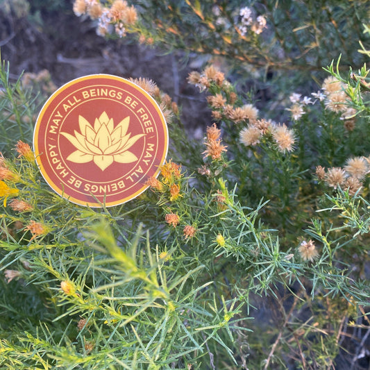 2" round saffron and gold vinyl sticker with Buddhist mettā prayer text, may all beings be free, may all being be happy, on green foliage.