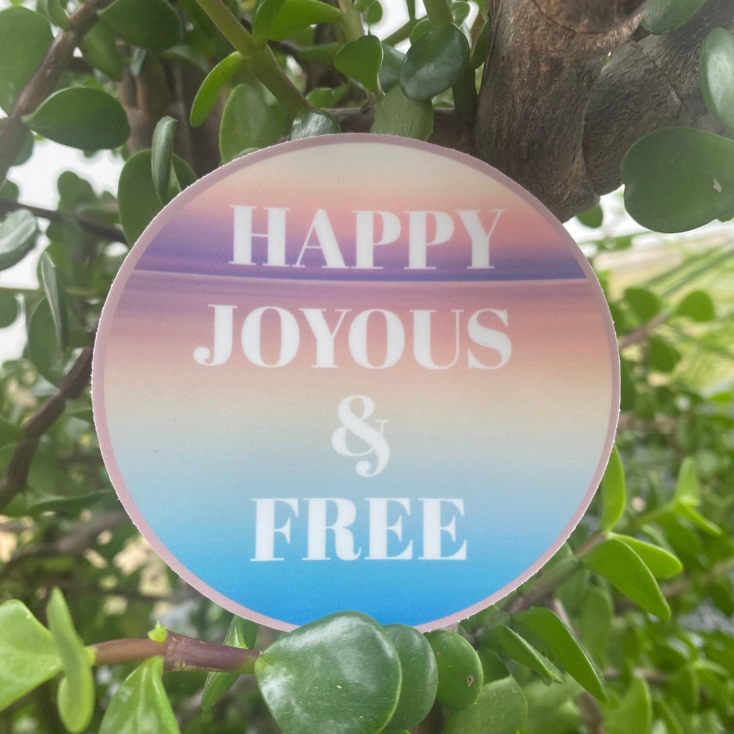 Round sticker with 'Happy Joyous & Free' text on a tree branch.