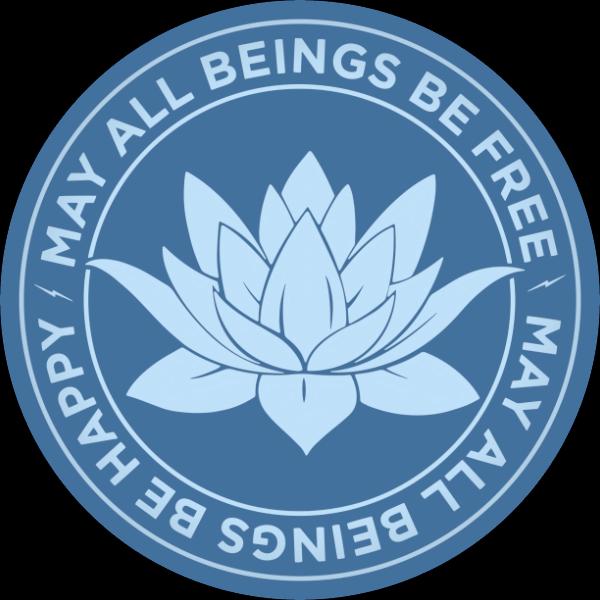 2" circular design Buddhist gift with lotus flower and text 'May all beings be free, may all beings be happy' on a blue background.