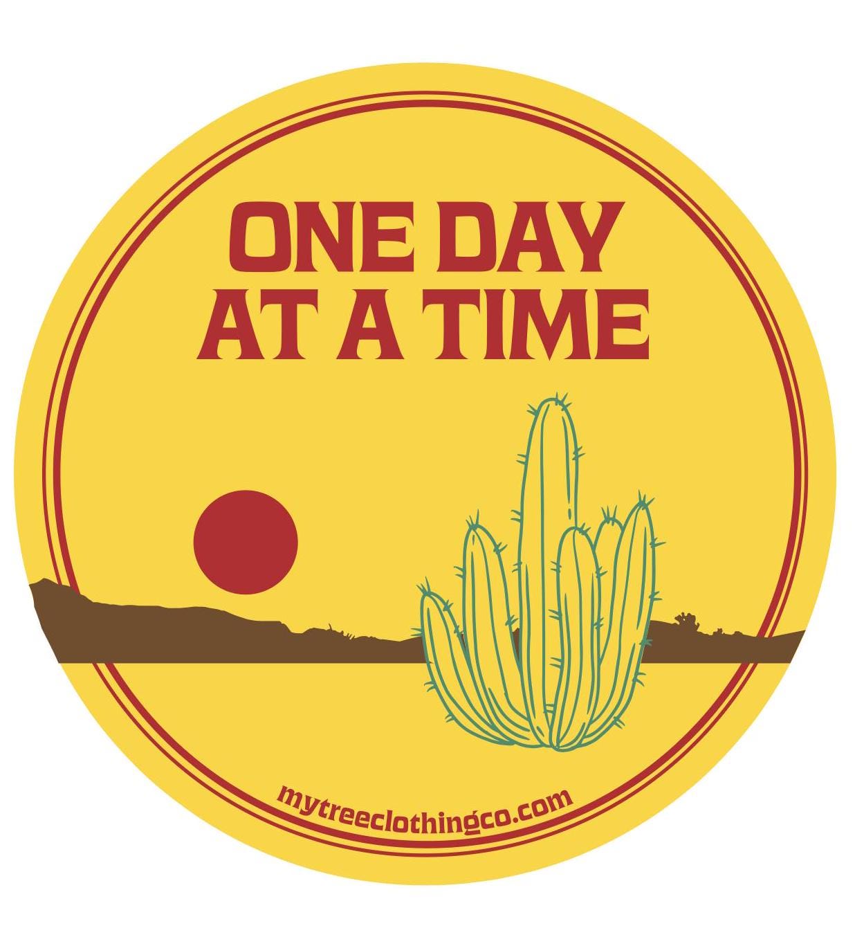 Original artwork for yellow cactus 'One Day at a Time' text on yellow background.