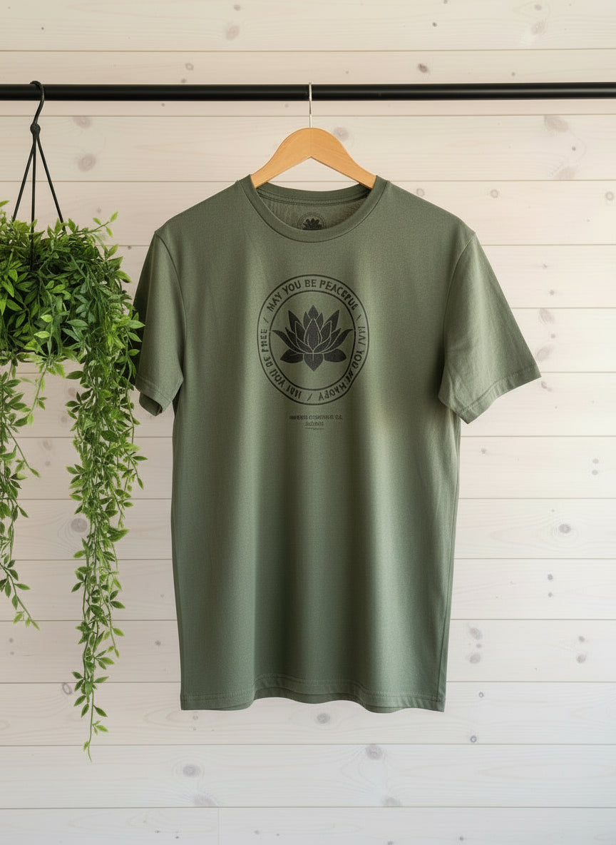 Green t-shirt with a black lotus and the metta prayer, may you be peaceful-may you be happy hanging on a black rod in front of a wooden wall.